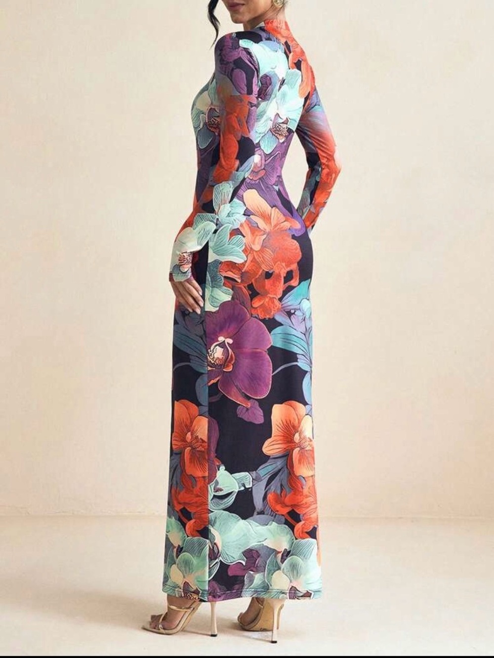 SHEIN Floral Long Sleeve Maxi Dress - Purple, Black, Teal & Orange - Picture 3 of 6